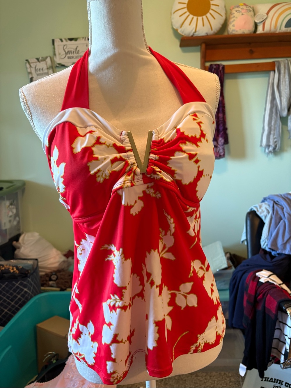 Jaclyn Smith Red and White Floral Swim Top